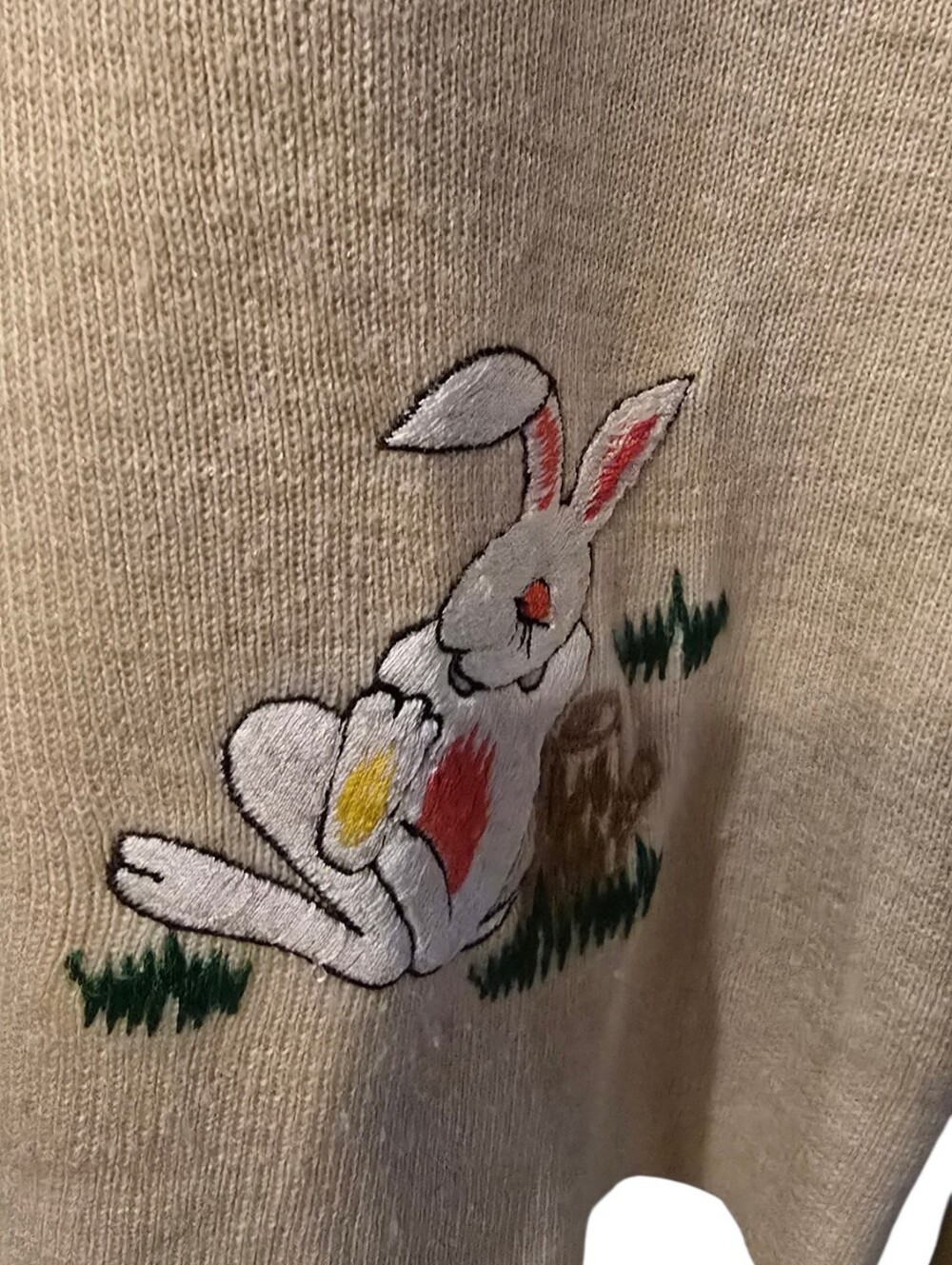 70s LeRoy Knitwear Embroidered Turtle & Bunny Sweater Cream M - Picture 5 of 11